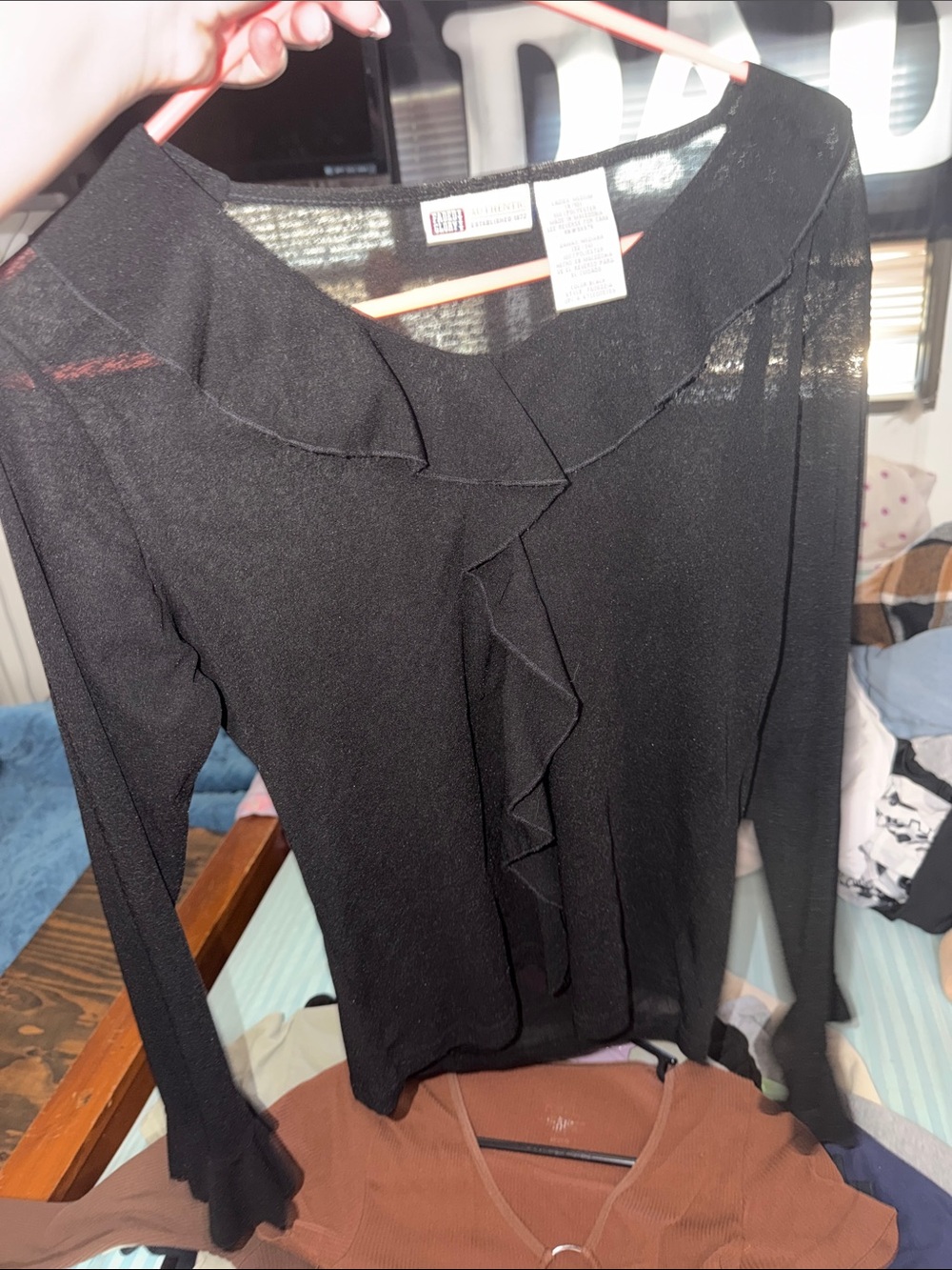 Faded Glory Black Ruffle-Trim Long Sleeve Blouse